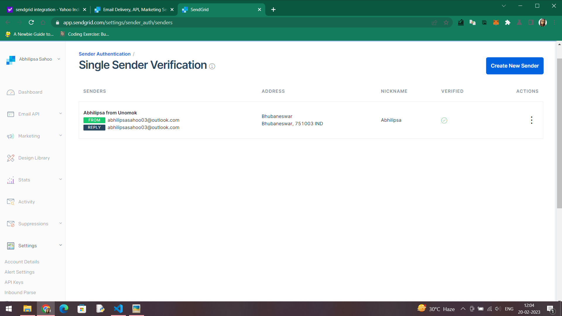 Sendgrid Sender Verified